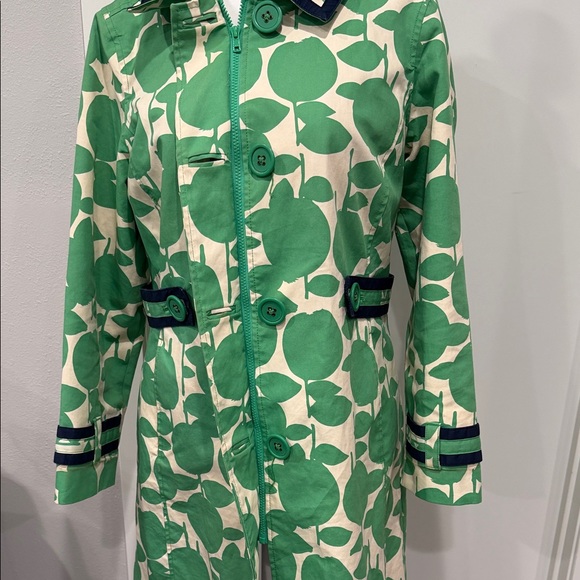 Boden Apple Print Rain Coat Cotton Hooded Green White Size 14 - Picture 10 of 14